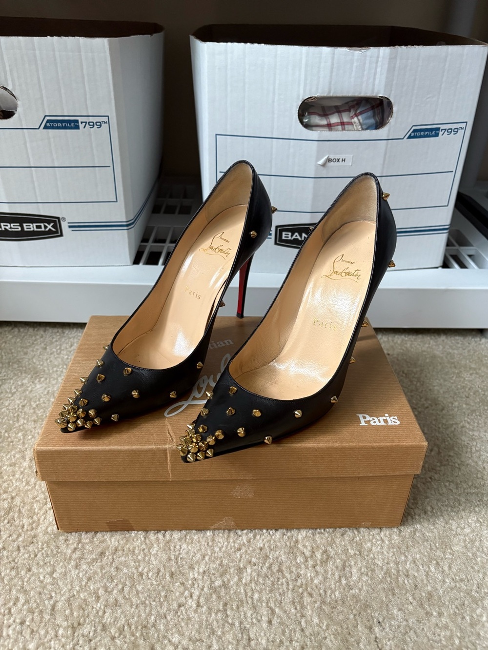 Christian Louboutin So Kate Degraspike 100 Black Gold Sexy Edgy Womens 38.5